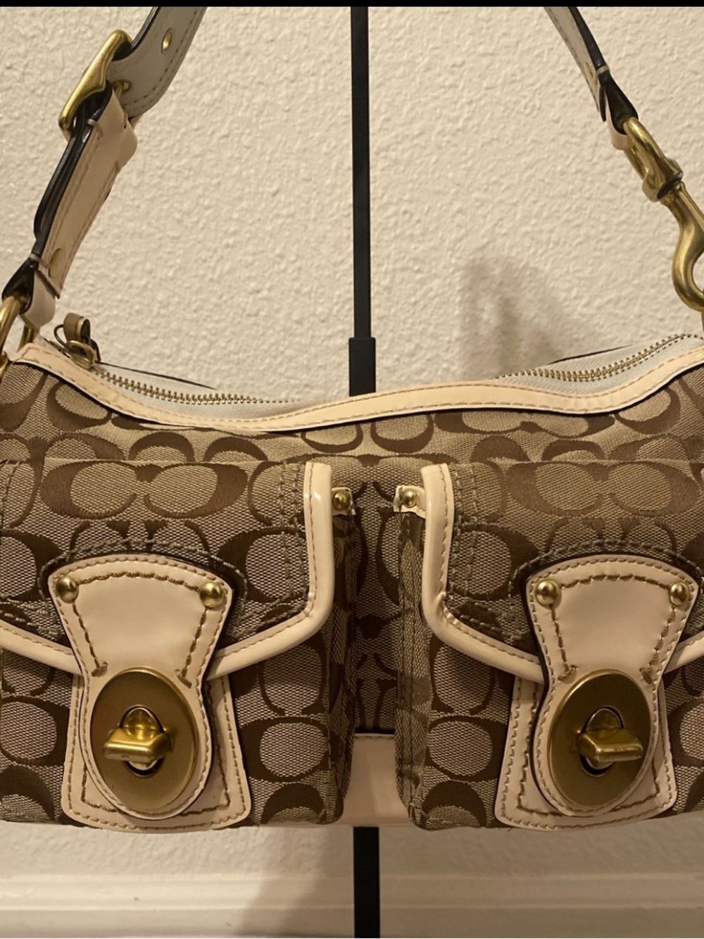 Coach Legacy Signature Canvas Shoulder Bag in Brown with Cream Trim